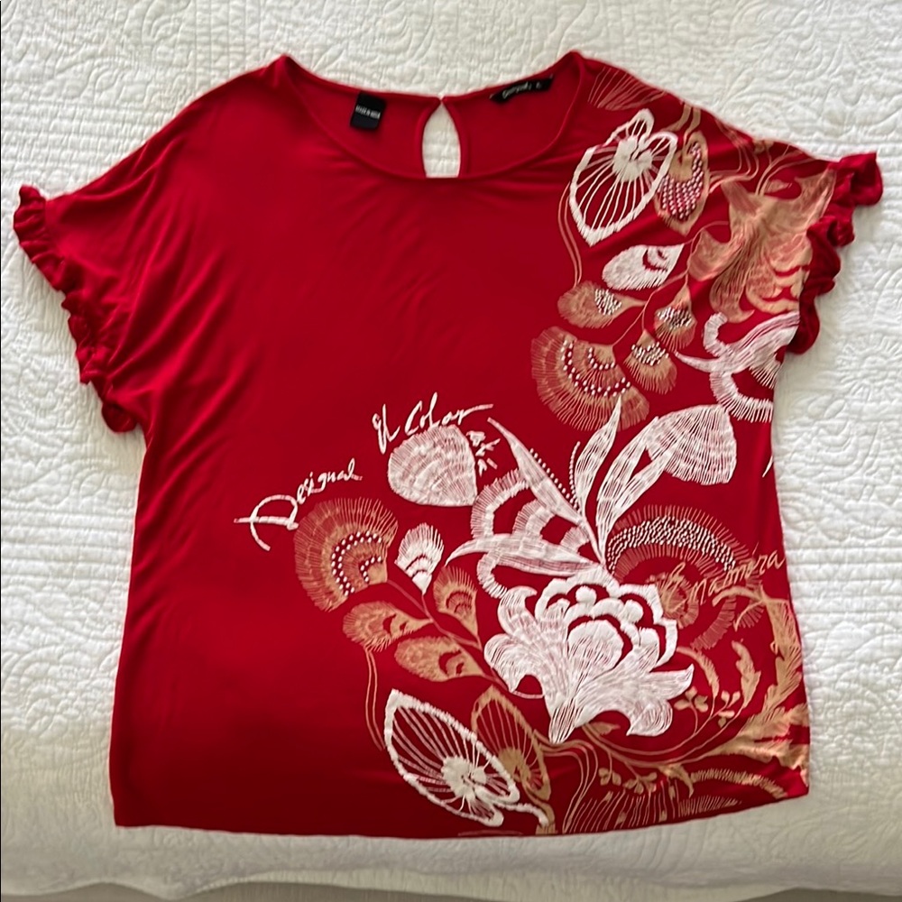 Desigual Red Ruffled Blouse with Graphic Floral Design